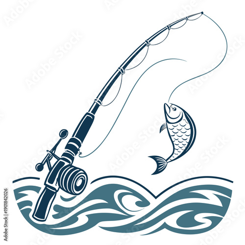 A fisherman's hook catches a variety of fish in a serene pond setting. Vector