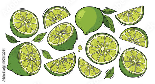 A colorful illustration of whole and sliced limes with green leaves