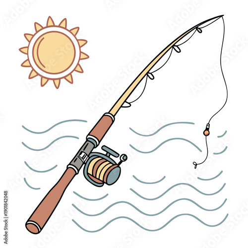A fishing rod with a lure and bobber is cast into a body of water under a sunny sky. Vector