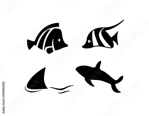 A collection of ocean animal silhouettes including whales, sharks, rays, and schooling fish. Perfect for marine-themed designs, logos, decals, and educational materials.