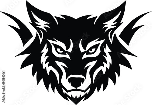 A strong black wolf head illustration showing intense eyes and sleek tribal markings on a white background