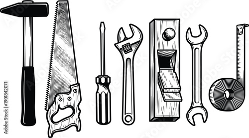 Hand tool vector illustration set, black-and-white sketches of hammer, saw, screwdriver, wrench, plane, and measuring tape for workshop design