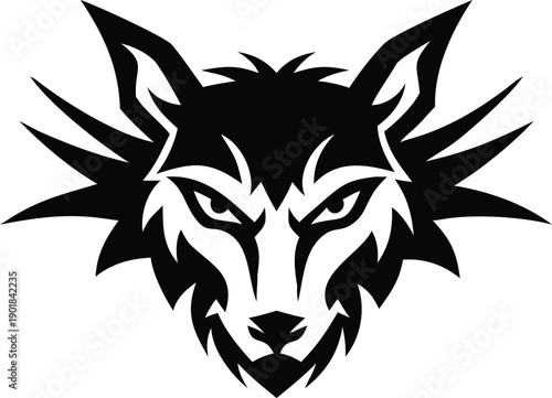 A stylized black and white illustration of a wolf head with fierce eyes and spiky tribal markings