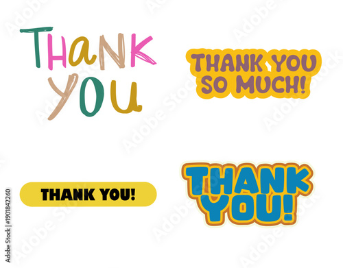 Collection of colorful thank you typography designs for gratitude messages and greeting cards.