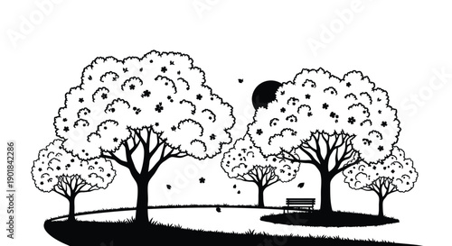 Black and white illustration of trees a moon and a park bench