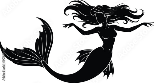 Beautiful mermaid silhouette with long flowing hair and graceful tail, mythical sea creature swimming underwater for ocean fantasy and nautical design