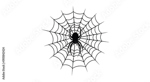 A black spider sits at the center of a detailed circular web