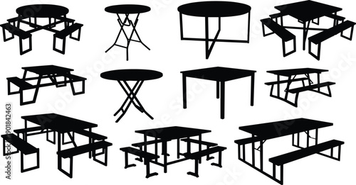  Black silhouette collection of outdoor picnic tables, park benches, folding cafe tables, and wooden garden furniture sets for architectural site planning.