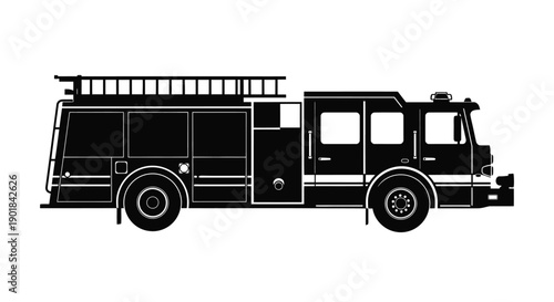 Black and white silhouette of a classic fire engine with a ladder
