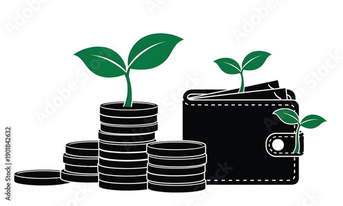 Financial Growth and Investment Concept Illustration: Stacks of Coins and Wallet with Growing Green Sprouts