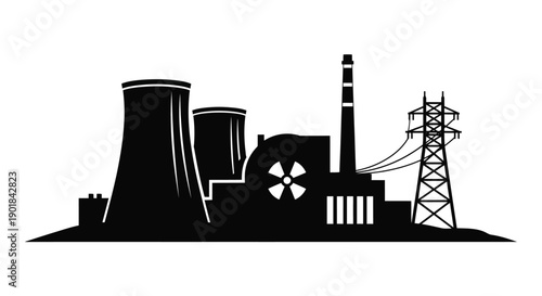 Black and white silhouette of a nuclear power plant with transmission towers