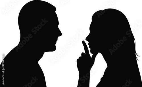 A womans black silhouette signals quiet to a mans profile in a silent communication