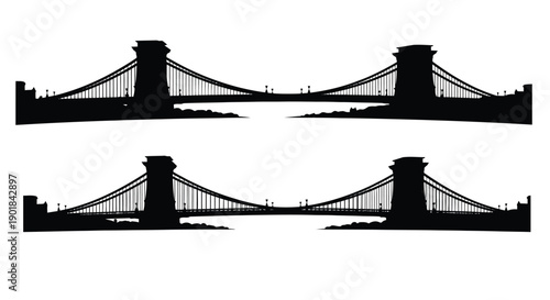 Silhouettes of two suspension bridges against a white background