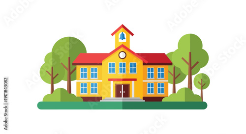 Illustration of a red schoolhouse with a central tower and surrounding trees