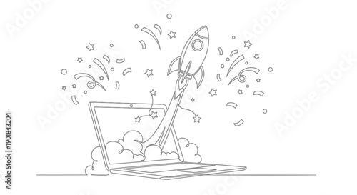 Vector line art rocket launching from laptop, surrounded by stars and sparks, for website or app launch mockup or presentation template, isolated on transparent background, png