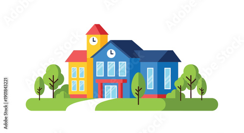 Colorful illustration of a two story schoolhouse with a clock tower