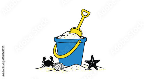 A blue bucket filled with sand a shovel crab and starfish