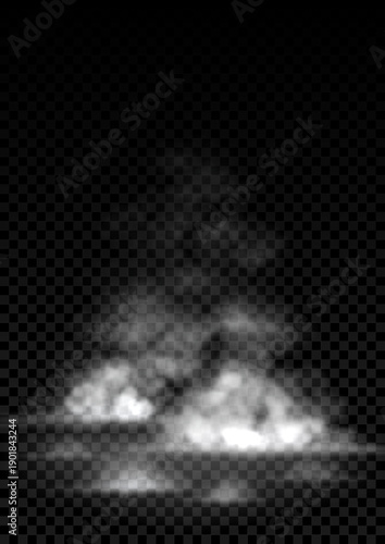 White magical rising fog. Vector illustration with 3d fantasy glowing vapor over ground or water surface isolated on dark background. Thick smog or mist effect. Atmospheric phenomenon.