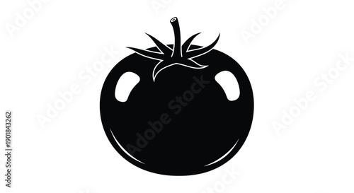 A simple black silhouette of a ripe tomato with stem and leaves