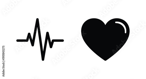 Heartbeat and heart symbol illustration in black and white