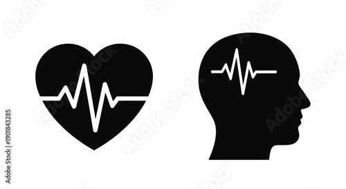 Heart and mind icons with electrocardiogram lines representing health concepts