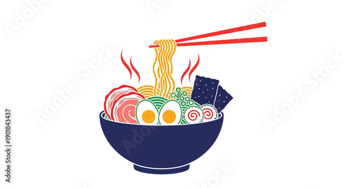 A colorful illustration of a bowl of ramen with various toppings