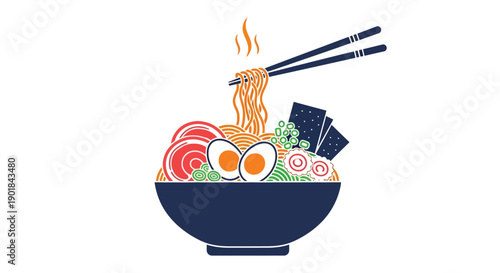 Stylized illustration of a bowl of ramen with toppings and chopsticks