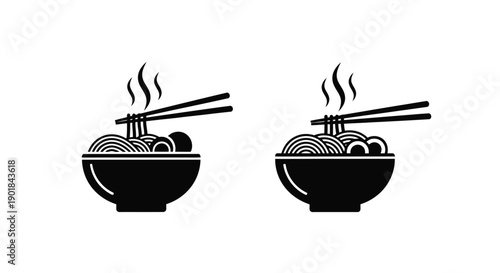 Two black and white illustrations of ramen bowls with chopsticks