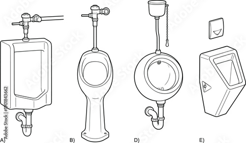 Urinal design vector illustration set, black silhouettes of wall-mounted, pedestal, cistern, and modern restroom fixtures for plumbing design