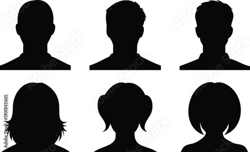 Collection of six generic black human head and shoulder silhouettes on a clean white background