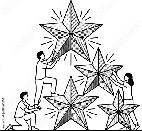 Teamwork vector illustration, black silhouettes of people stacking stars in pyramid for collaboration, success, and achievement design