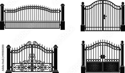 Wrought iron gate vector illustration set, ornate decorative designs with pillars for architecture, landscaping, and residential property design