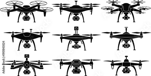 Collection of professional drone silhouettes with cameras, aerial quadcopter technology icons for surveillance photography delivery and modern high tech equipment
