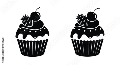 Two black and white illustrations of cupcakes with cherries and strawberries