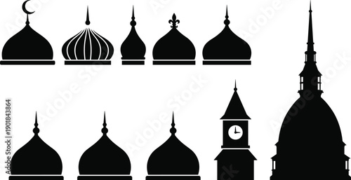 Architectural dome and spire vector illustration set, black silhouettes of religious and historical buildings for heritage and design