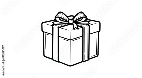 A simple black and white illustration of a gift box with a bow