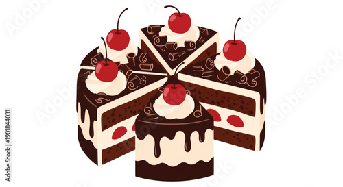 A chocolate cherry cake divided into slices with white cream and cherries