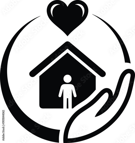 Care and shelter silhouette vector icon, house with person, protective hand, and heart symbol for charity and social service design
