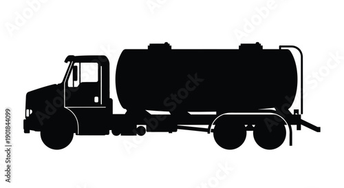 A black silhouette of a large tanker truck viewed from the side