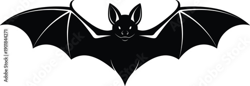 Black bat silhouette with open wings isolated on white background, nocturnal flying mammal vector icon for Halloween graphic design elements.