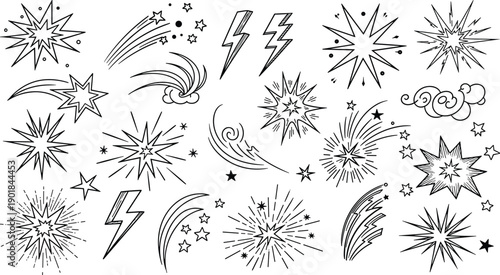 Comic effect vector illustration set, black and white stars, lightning, clouds, and bursts for graphic design and storytelling