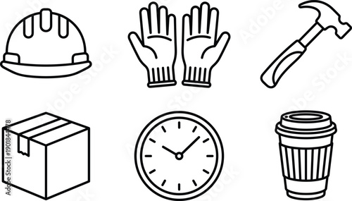 Construction and work environment vector icon set, black silhouettes of helmet, gloves, hammer, box, clock, and coffee cup