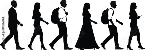 Diverse group of people silhouettes walking together, professional businessmen and women with backpacks and suits for urban commute and lifestyle