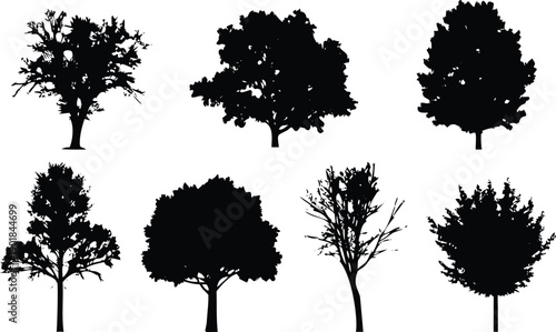Eight distinctive black tree silhouettes showcasing varied foliage densities and bare branches isolated on a white background