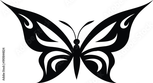 Elegant black butterfly with stylized wings and antennae on a pure white background