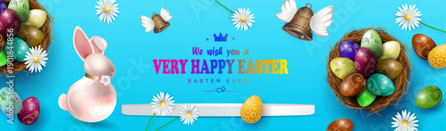 Happy Easter. A festive blue arrangement featuring a straw nest with eggs and a cute bunny.