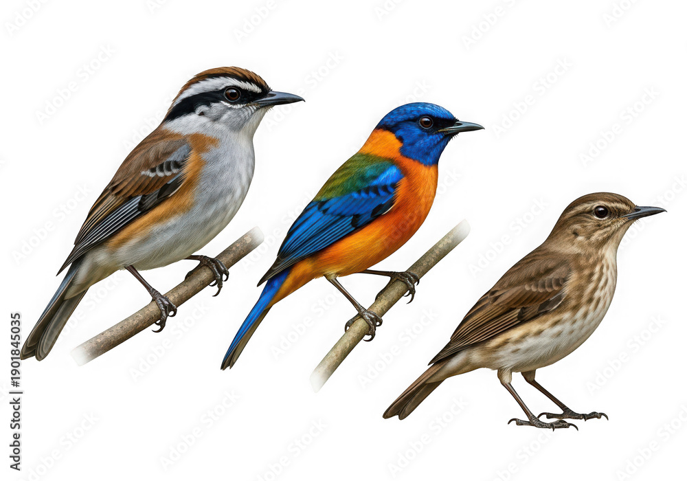 Fototapeta premium Three birds perched on branches with different plumage