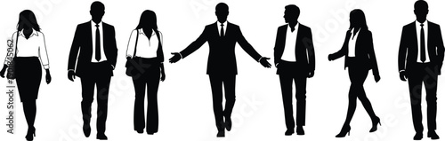 Diverse professional business people silhouettes walking together, corporate leadership team in suits for office career success and urban networking concept
