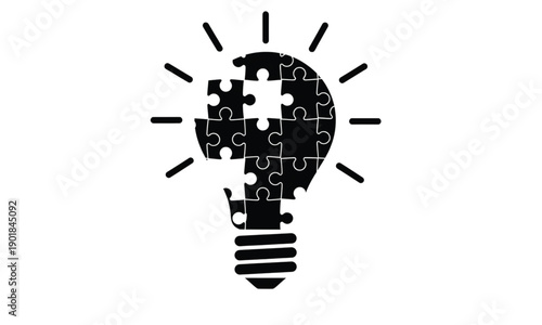 Creative Problem Solving and Innovation Concept.Jigsaw Puzzle Pieces Forming a Glowing Light Bulb Silhouette