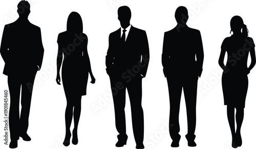 Five anonymous business professional silhouettes showing three men and two women in various poses